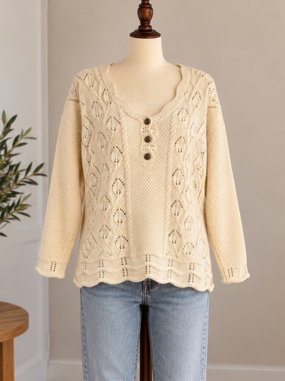 Cream Ivory Openwork Leaf Knit Sweater Oversized Cozy Chic Grandpa Core L